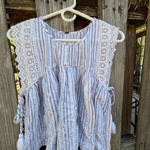 Free People Blue and White Embroidered Top